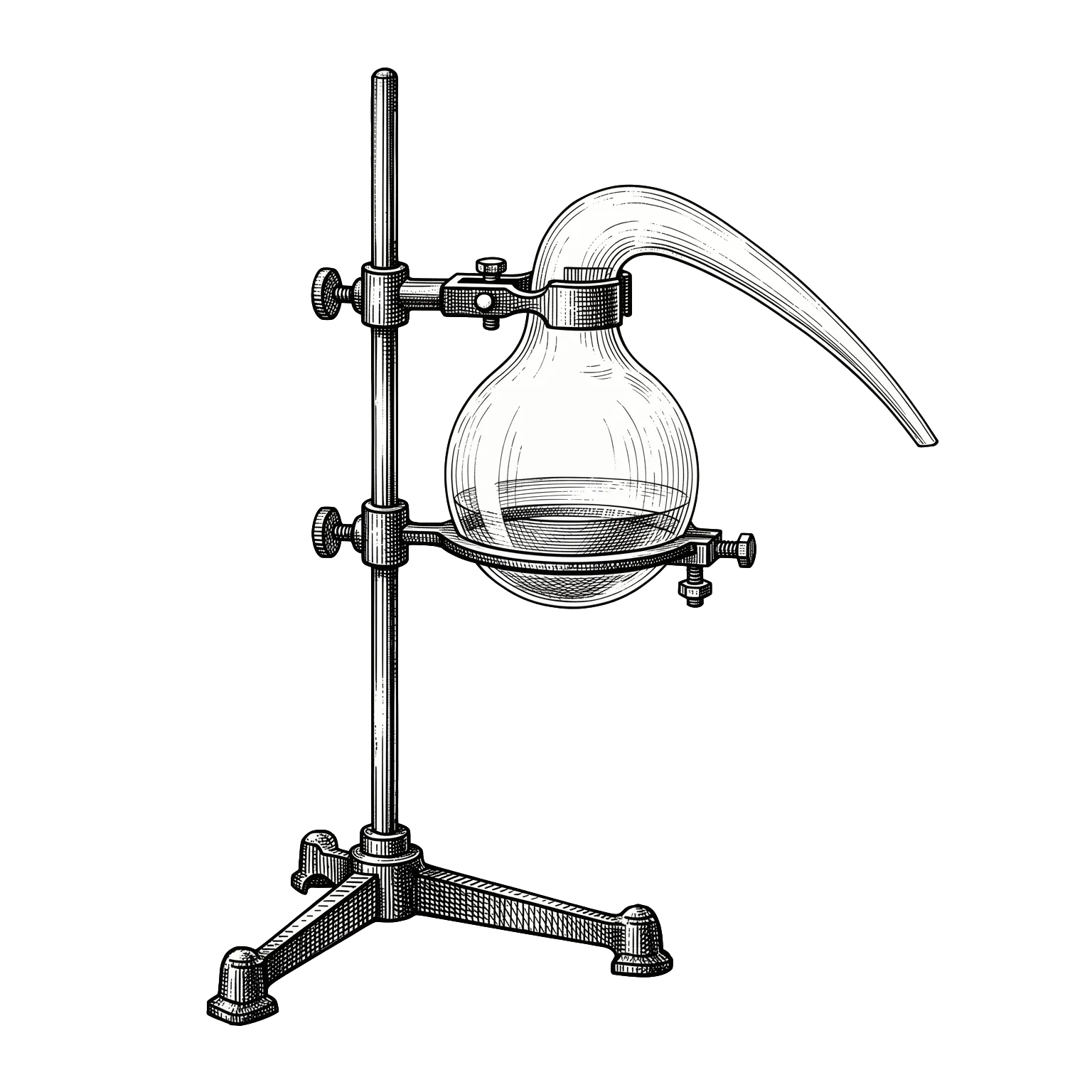 Engraved glass laboratory retort on its iron stand — the instrument of trial and error