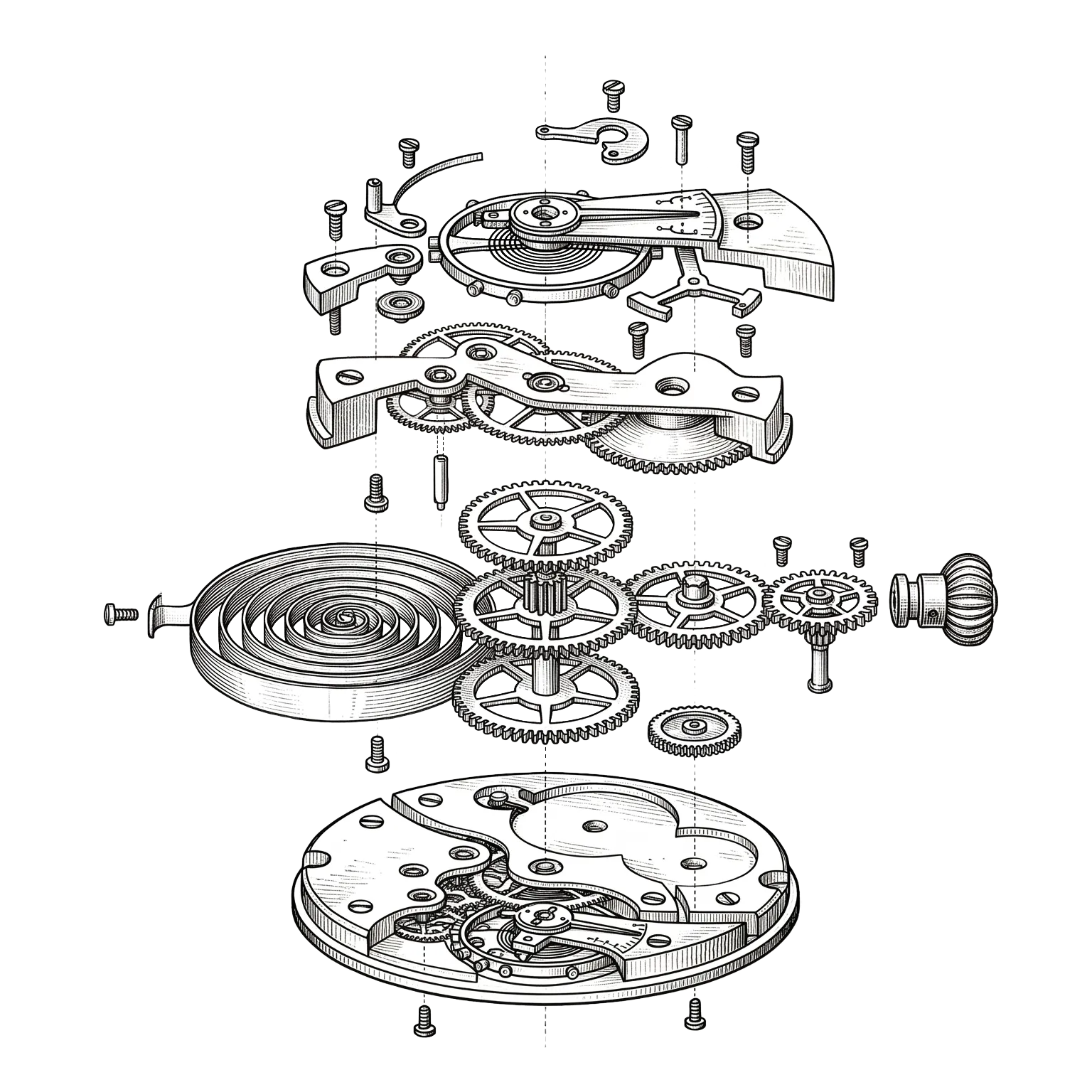 Engraved pocket-watch movement, exploded view — every gear in its place